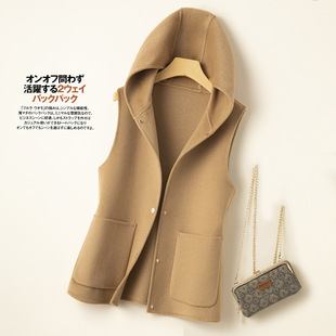 2023秋冬新款纯色连帽马甲女双面呢背心羊毛呢子时尚气质无袖外套