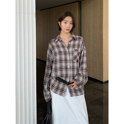 THE MIND 肌理感格子长袖衬衫女2026春季通勤百搭宽松衬衣T6139C