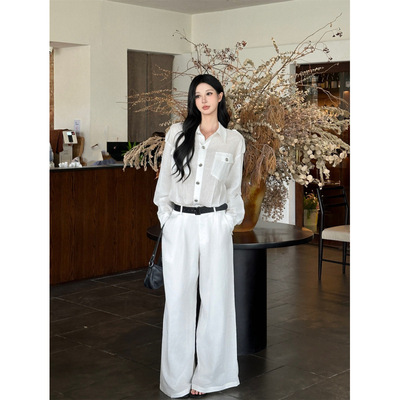 实拍现货白色连体裤高腰阔腿裤套装女