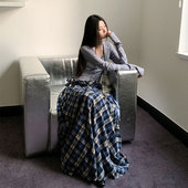 连衣裙女设计感小众假两件格纹拼接长裙v领长袖 修身 显瘦辣妹裙子