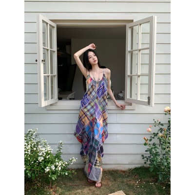 实拍现货度假风格纹复古印花长款夏季吊带连衣裙