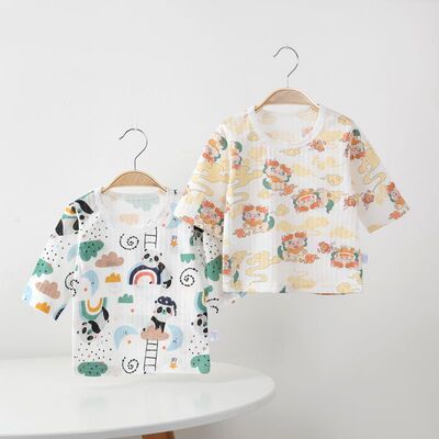 婴儿纯棉长袖T恤空调服女童五分袖上衣宝宝夏季睡衣薄款儿童男童
