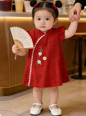 红色婴儿周岁女宝宝礼服女童中式百天夏季生日连衣裙一岁抓周裙子