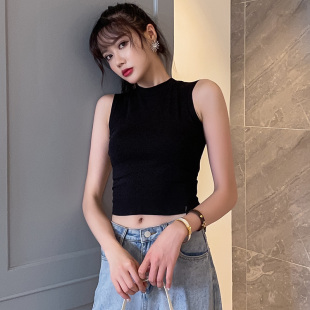 黑色半高领打底背心女夏季外穿纯棉内搭辣妹紧身高腰短款无袖上衣