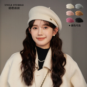 千金风白色羊毛贝雷帽女生大头围立体版 型显脸小秋冬毛呢画家帽子