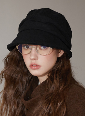 日系纯色皱褶盆帽秋冬保暖山本风台灯帽复古百搭不挑人渔夫帽女生