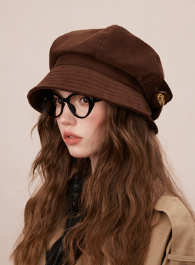2025秋冬日系渔夫帽咖啡色灯芯绒复古气质报童帽小众高级感盆帽女