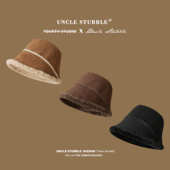 冬季 加绒保暖渔夫帽韩版 复古麂皮绒平顶盆帽加厚防寒水桶帽子男女