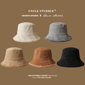 适合圆脸大脸渔夫帽女生宽脸可戴显脸小羊羔绒盆帽双面可戴大檐帽