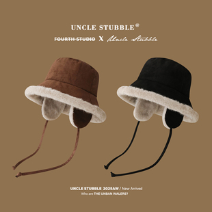 加绒加厚护耳渔夫帽男女冬天骑车防寒保暖羊羔绒盆帽日系黑色帽子