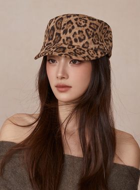 时髦y2k辣妹风马术帽女美式复古豹纹毛呢平顶帽小众个性鸭舌帽子