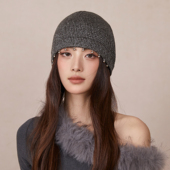 韩系ins风挂珠针织帽女时髦辣妹亮丝包头冷帽秋冬防寒保暖毛线帽