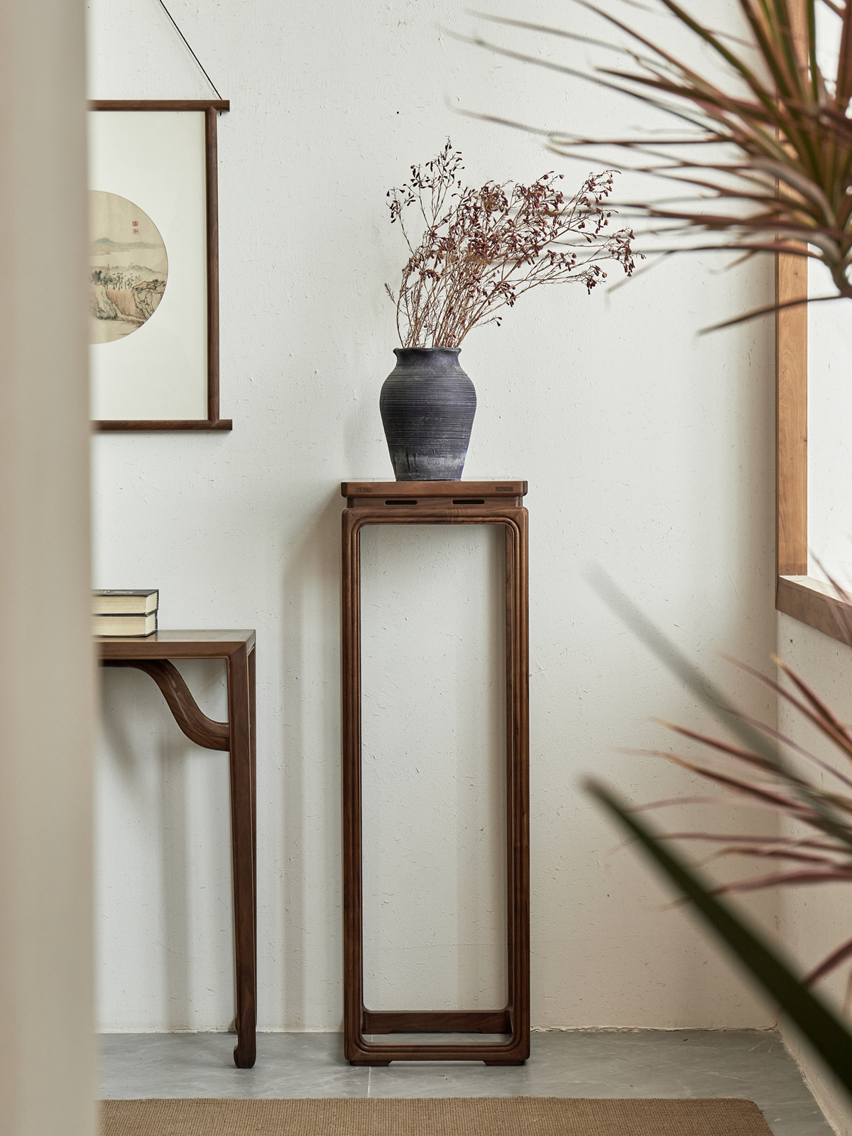 叙木新中式花架黑胡桃实木花几边几榆木现代简约客厅花盆架盆景架