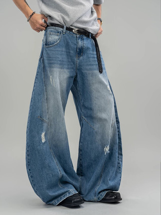 DBW Doublewin立体层次感压褶弯刀裤男夏季街头水洗磨破牛仔裤子