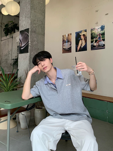 ONELYC1NS小众设计条纹翻领拼接假两件POLO衫男夏季潮流百搭衬衣
