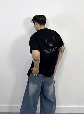 OXFREAK「素描雨燕印花」320g重磅短袖t恤男落肩宽松黑色圆领半袖