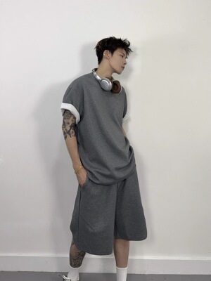 OXFREAK「周末遛狗 松弛感」深灰色太空棉套装男重磅短袖宽松短裤