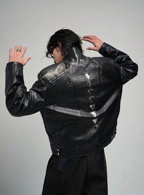 小众设计高定系列银龙脊夹克金属脊椎重工设计垫肩皮衣外套立领潮