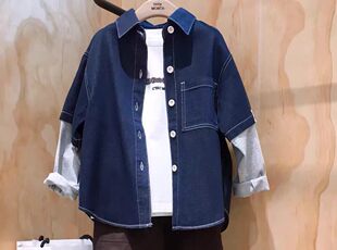 little moco专柜25年春装男童假两件长袖牛仔衬衫 KBE1SHT014
