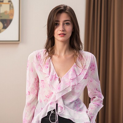 IRO PYRE 花卉法式印花长袖衬衫荷叶边系带法式25春夏新款