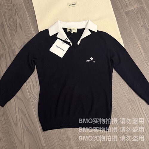 春撞色假两件翻领七分袖针织衫