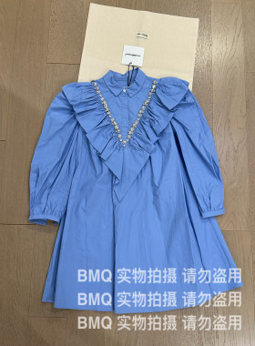 复古珠镶钻荷叶V领衬衫A字连衣裙