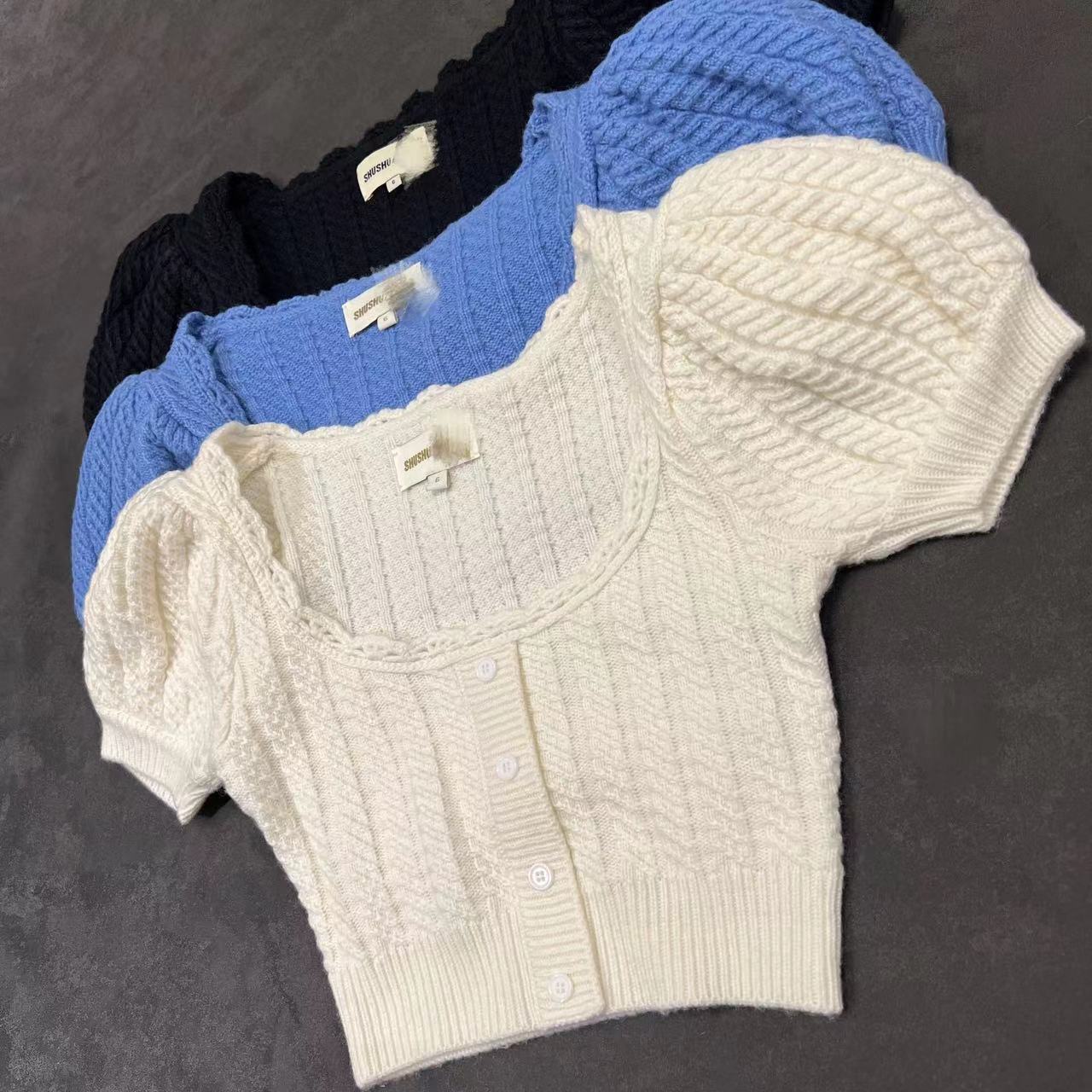 BMQ】玳购级 高定版 SHUSHUTON夏季羊毛低领法式泡泡袖针织短袖