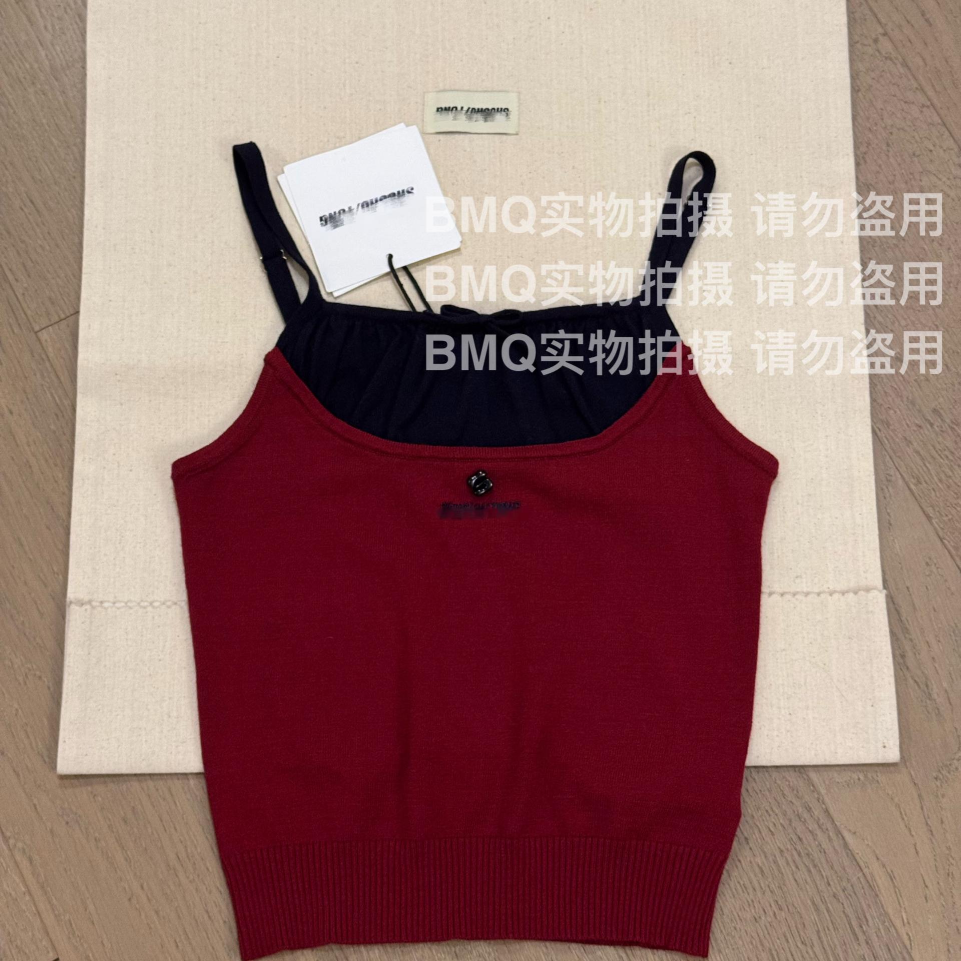 潮流红色针织拼接吊带上衣