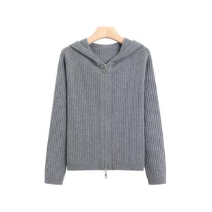 【直播爆款】精纺羊毛衫女秋冬新款纯色连帽双拉链针织开衫女毛衣