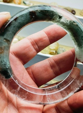 天然翠幽灵原石手镯圈口56.3条宽16重95.3克默认微瑕完美者慎拍