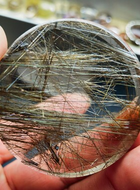 天然银钛晶发晶原石圆牌镯心雕料摆件把玩直径46.9厚12.1重51.5克