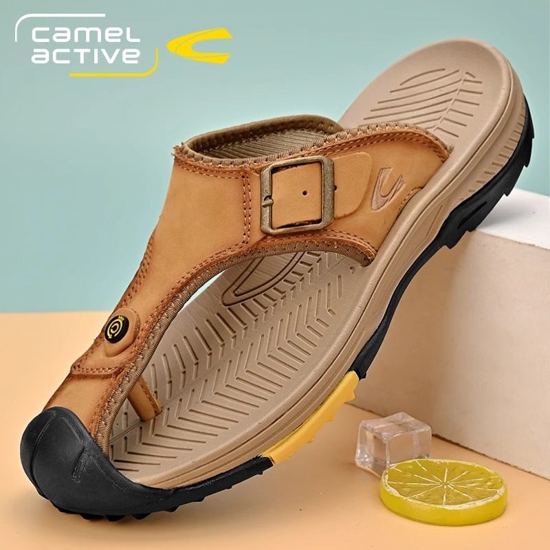 德国骆驼动感人字拖鞋男士软底皮凉鞋真皮牛皮夏季包头沙滩鞋夹趾,流行男鞋,人字拖,淘宝优惠券,粉丝福利购,淘宝优惠卷