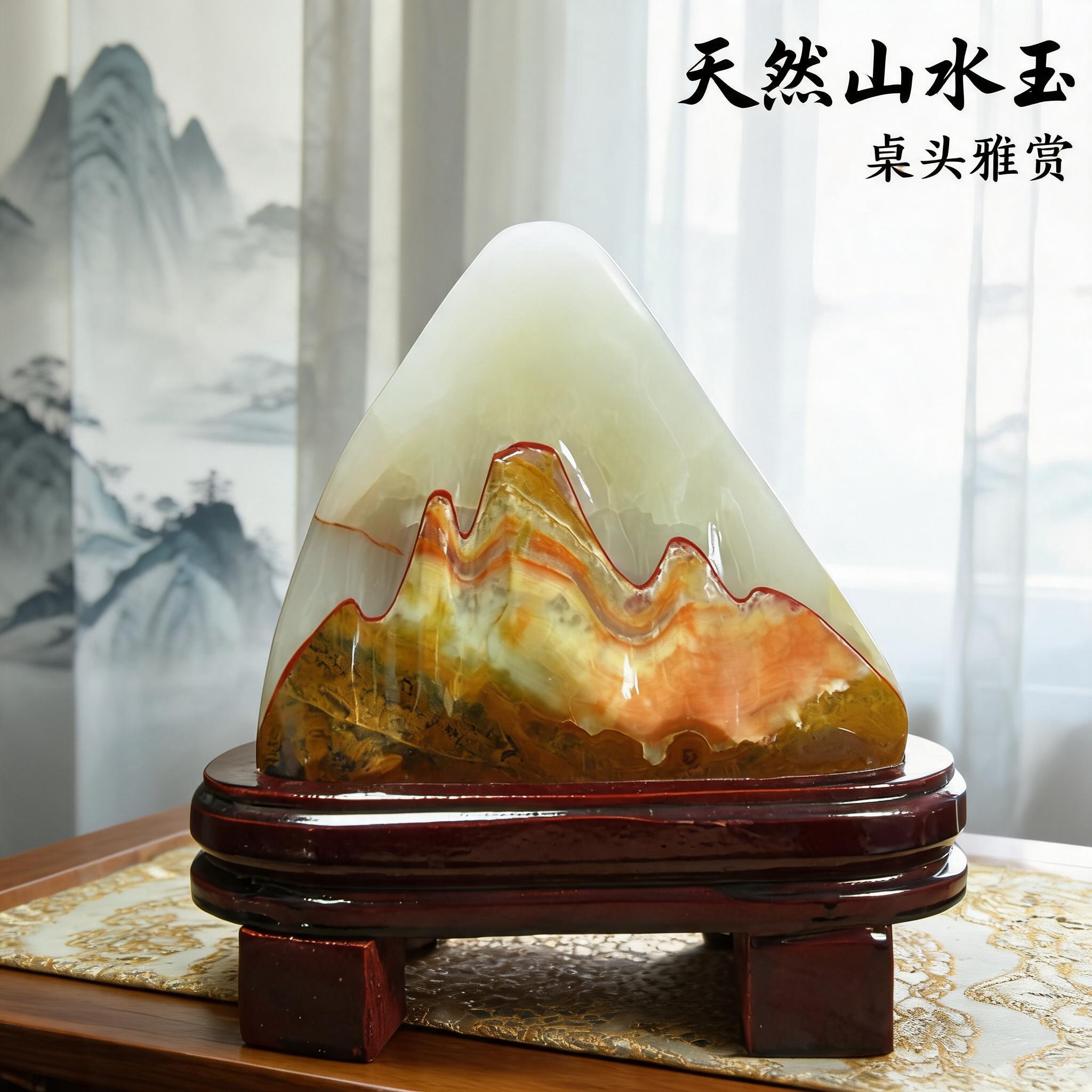 新中式天然玉石山水玉奇石摆件书房装饰品风办公室玄关桌面靠山石