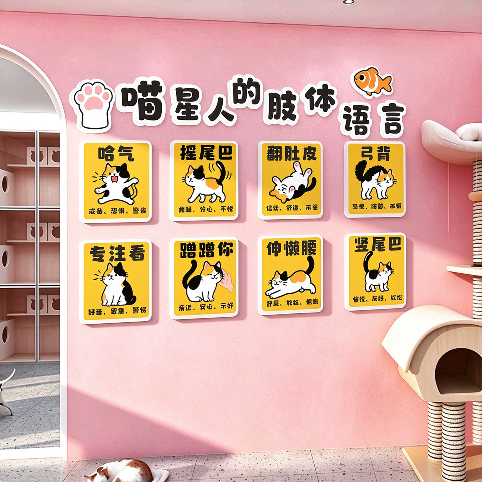 猫咪肢体语言文化墙贴猫咖馆布置
