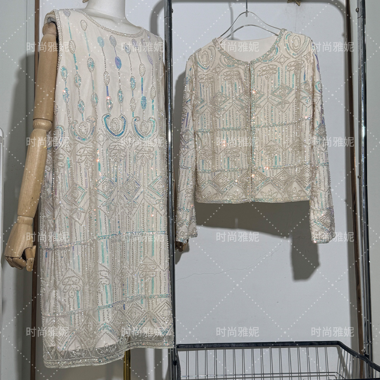 时尚雅妮欧美宫廷风立体钉珠亮片连衣裙开衫外套女长袖舞台服上衣