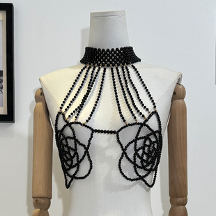 时尚雅妮珍珠文胸身体链吊带外搭礼服背心上衣项链花朵胸饰潮串珠