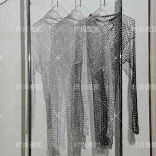 时尚雅妮网红爆款性感镶钻领口镂空连衣裙透视欧洲站沙滩女士长袖
