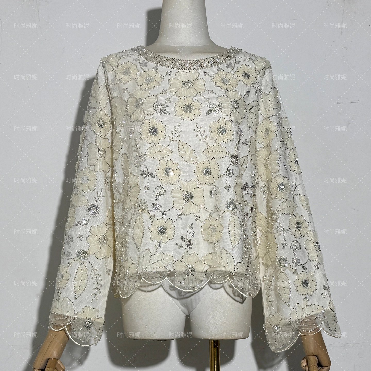 时尚雅妮毛绒花朵女圆领长袖百搭珍珠钉珠亮片蕾丝设计感网红上衣,女装/女士精品,蕾丝衫/雪纺衫,淘宝优惠券,粉丝福利购,淘宝优惠卷