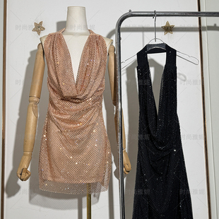 时尚雅妮轻奢挂脖粘钻连衣裙女深V露背修身性感裙露背女装潮流