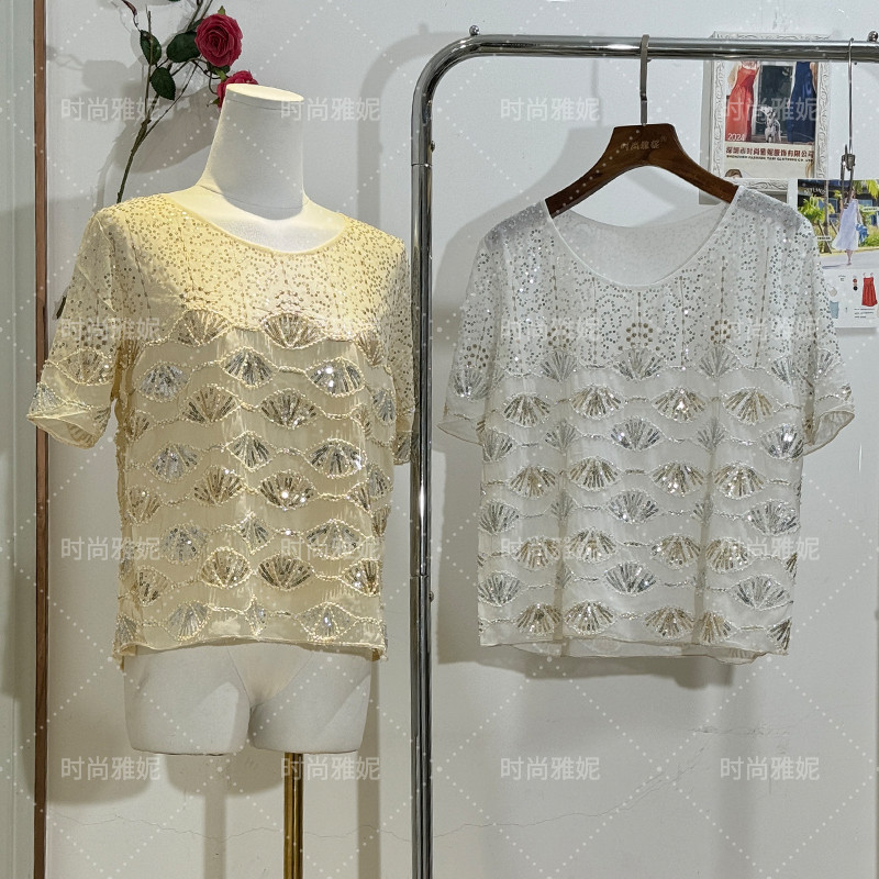 时尚雅妮百搭短袖感扇形亮片钉珠设计网纱雪纺上衣女透视装潮