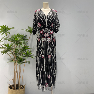 时尚雅妮新款欧美重工奢华典雅V领花朵连衣裙礼服裙亮片钉珠裙潮