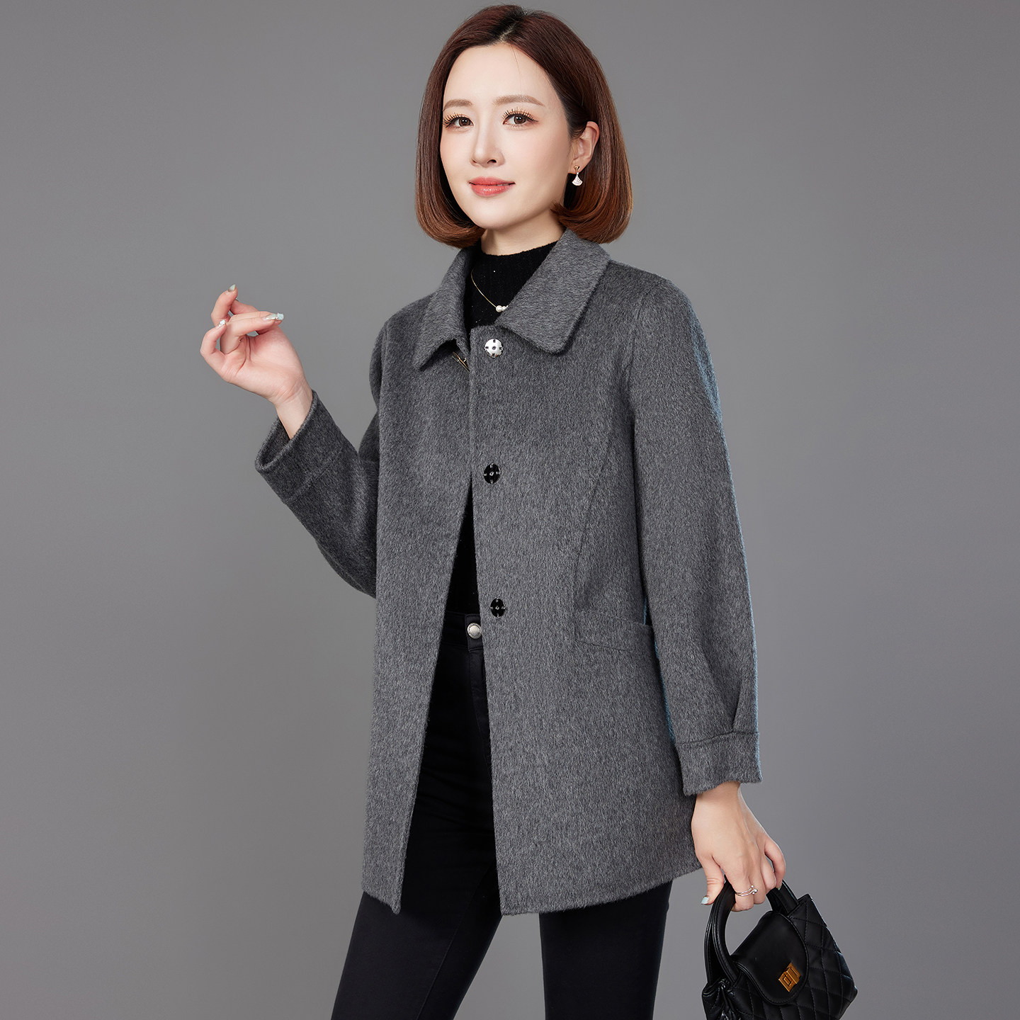 灰色高端双面羊绒大衣女图片