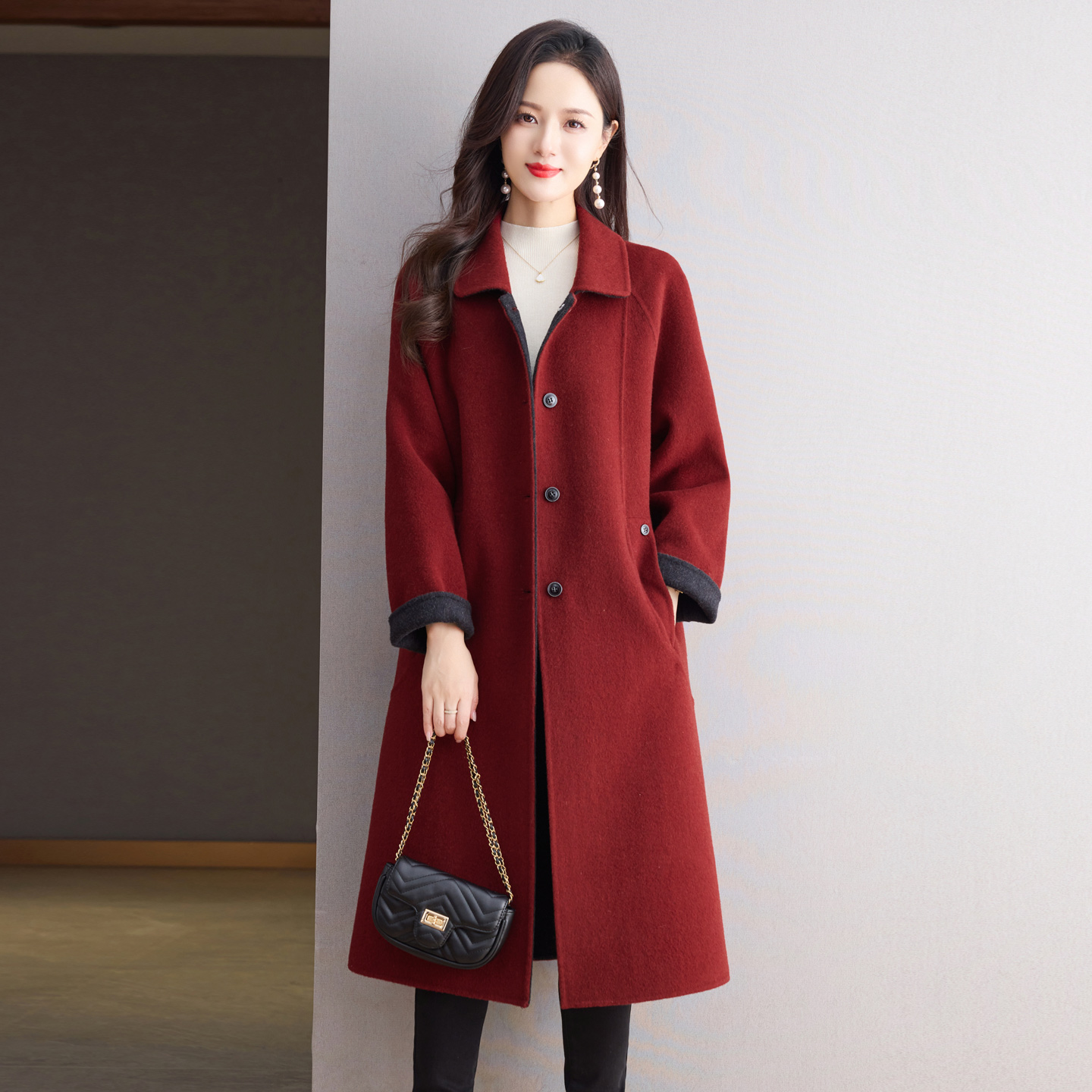 灰色宽松高级感AB面双面羊绒大衣