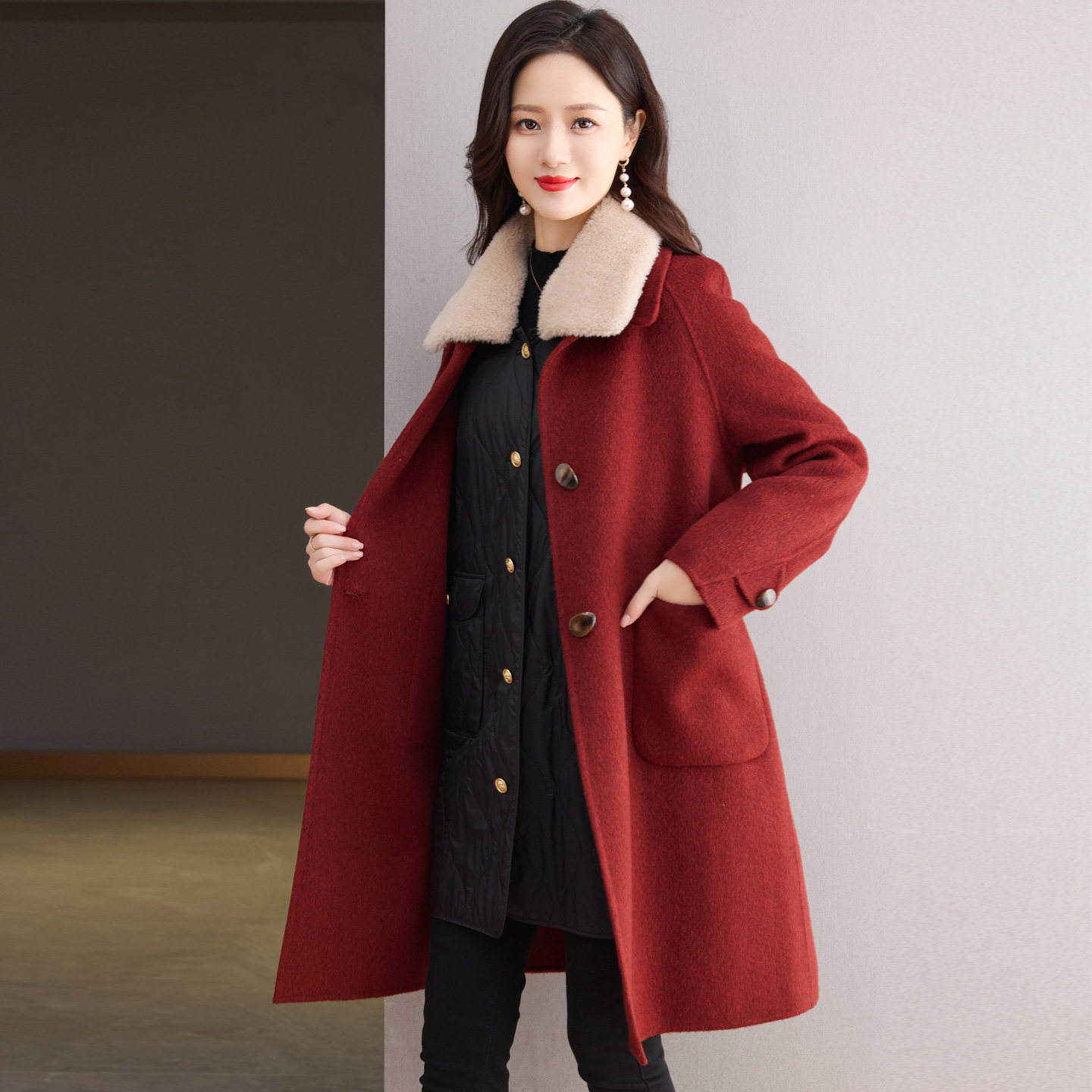 加绒加厚内胆双面呢羊绒大衣女