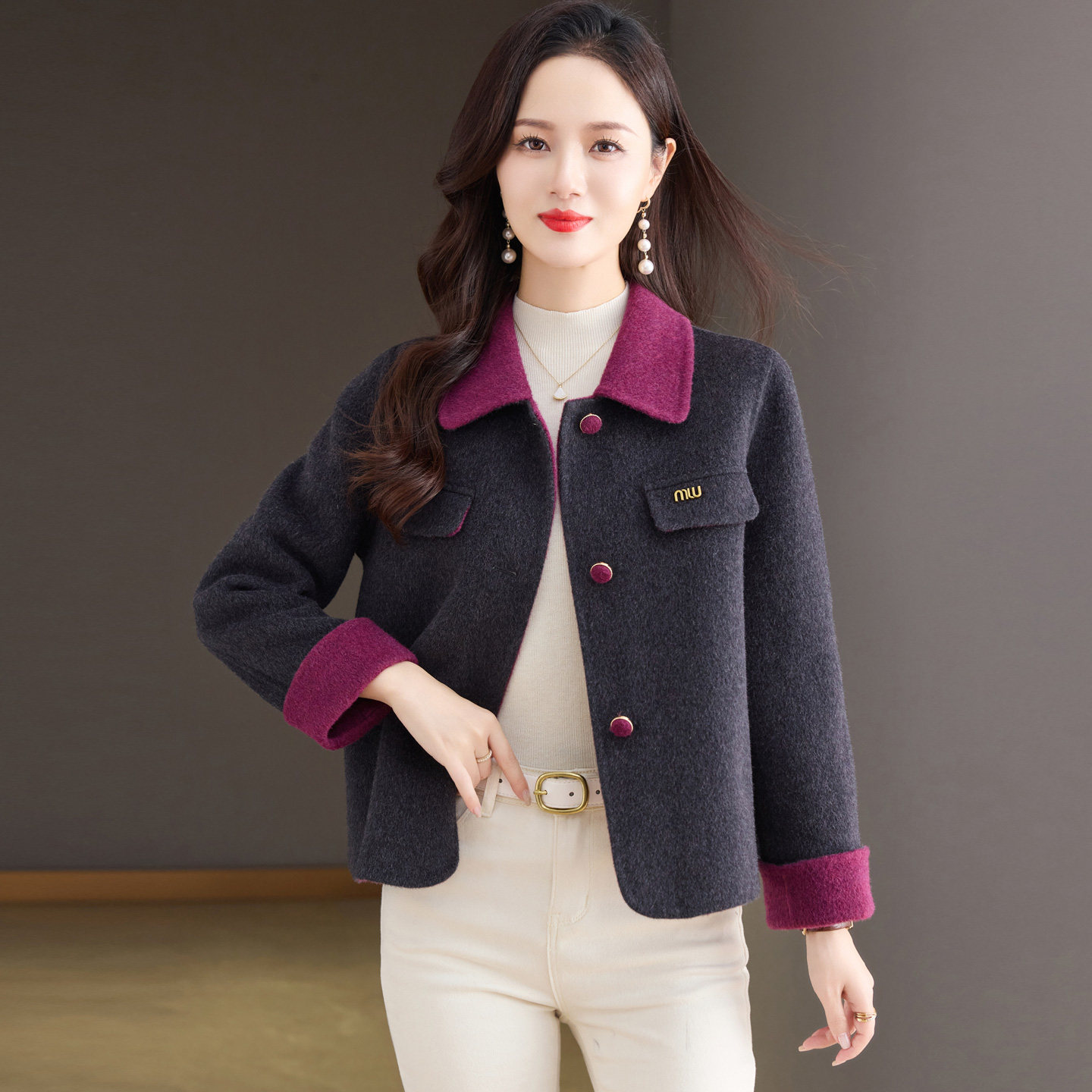 拼紫双面呢羊绒大衣女短款2025年秋冬新款小个子羊毛呢外套外穿