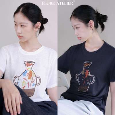 FLOREATELIER亚麻桑蚕丝文艺风复古花瓶刺绣宽松短袖显瘦百搭T恤