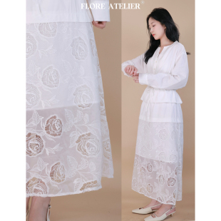 FLOREATELIER莱赛尔法式 玫瑰刺绣半身裙两件套 抽绳收腰衬衫