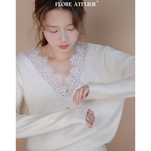 FLOREATELIER法式别致蕾丝拼接镶钻V领针织衫显瘦气质收腰上衣
