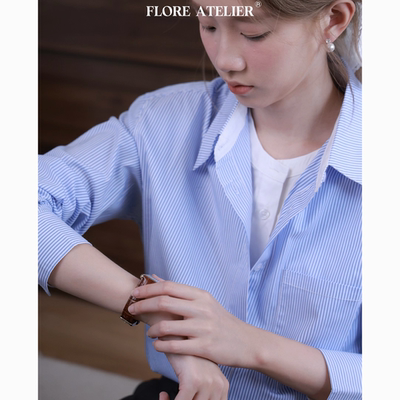 FLOREATELIER春夏纯棉宽松假两件蓝白条纹撞色衬衫翻领显瘦上衣