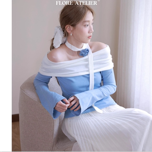 FLOREATELIER法式纯欲一字肩针织衫2024新款撞色拼接修身显瘦上衣